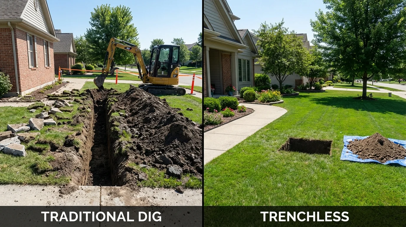 Trenchless sewer repair with minimal yard damage versus traditional excavation in Bolingbrook, IL